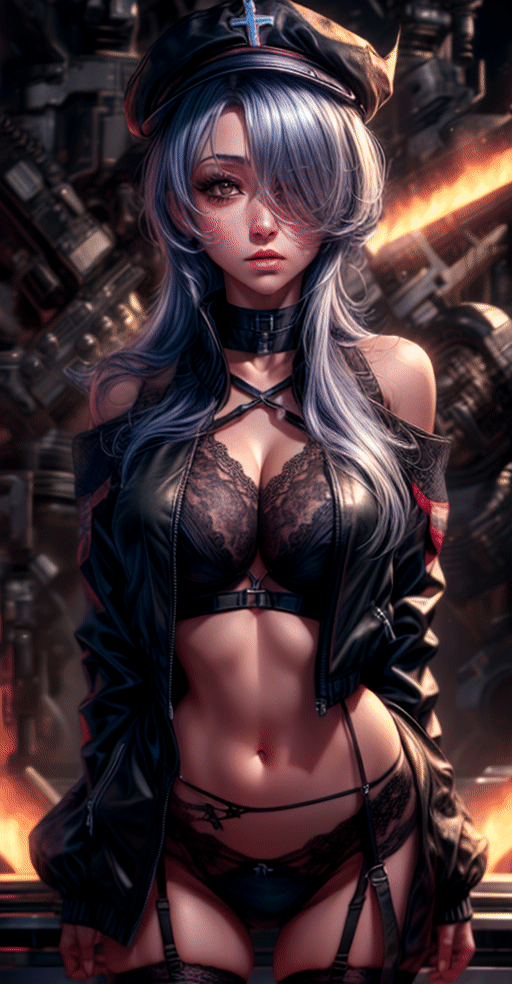 (masterpiece, best quality), 1girl, UlrichDef, long sleeves, choker, cross, thighhighs, breasts, navel, bare shoulders, hair over one eye, black thighhighs, black jacket, black choker, black coat, cleavage, crop top, skindentation, garter straps, piercing, cross, revealing clothes, areola slip, seiza, white panties, arms behind back, ((taking off jacket)), ulrich von hutten /(azur lane/),ulrich von hutten \(azur lane\),More Detail