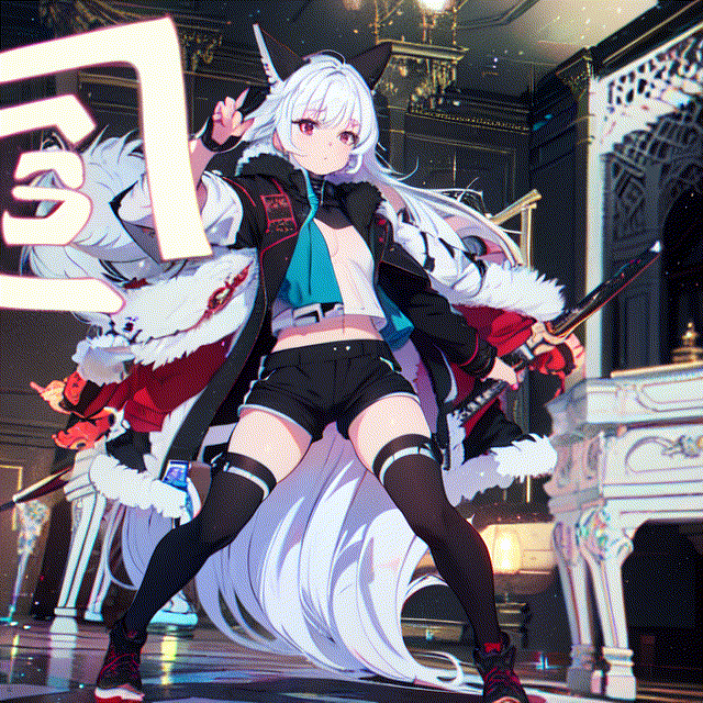 1girl, sole female, long hair, white hair, jitome, red eyes, flat chest, fur black coat, white shir, black shorts, weapons, indoors, castle room, fight pose