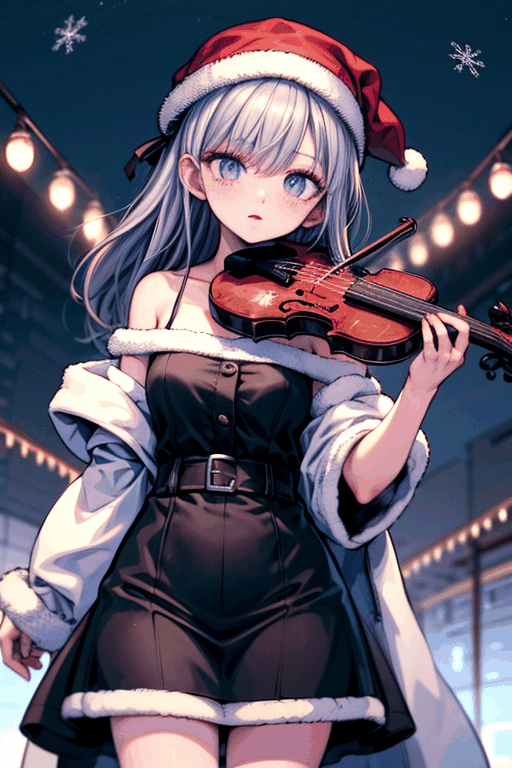 (masterpiece), (detailed eyes), (highly detailed),1 santa girl playing violin,Christmas, pixiv, depth of field,illumination background,night time,sky,snowflake,cowboy shot,