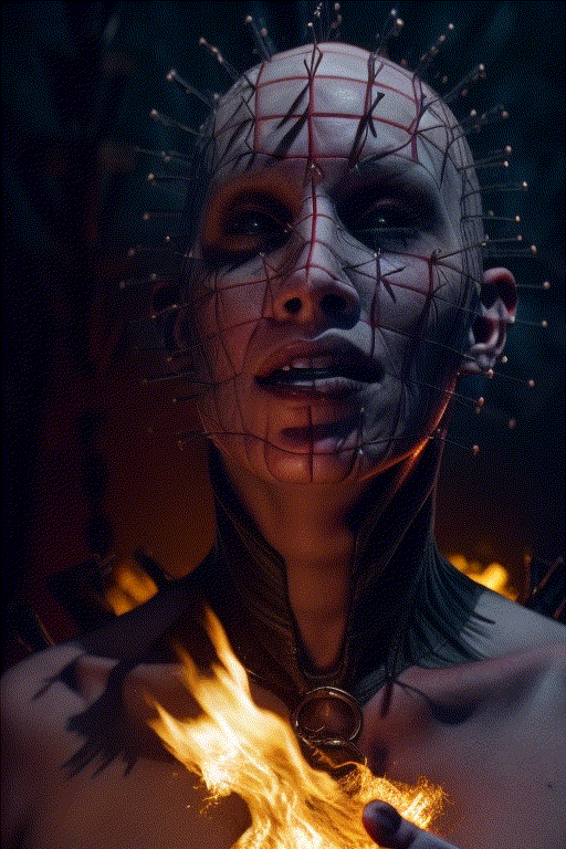 Woman dressing as pinhead in close up surrounded by fire sparks,shepinhead