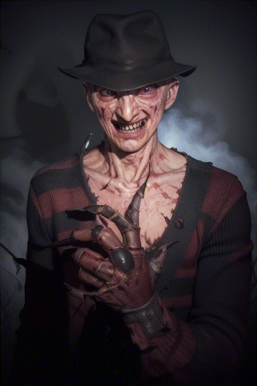 a scary scene, Freddy Krueger, the infamous nightmare slasher, slowly advances toward the camera. His burned, disfigured face is twisted into a menacing grin, and his bladed glove gleams in the eerie light. Each step he takes seems to echo with dread, and the atmosphere is thick with impending terror,FREDKRUEG