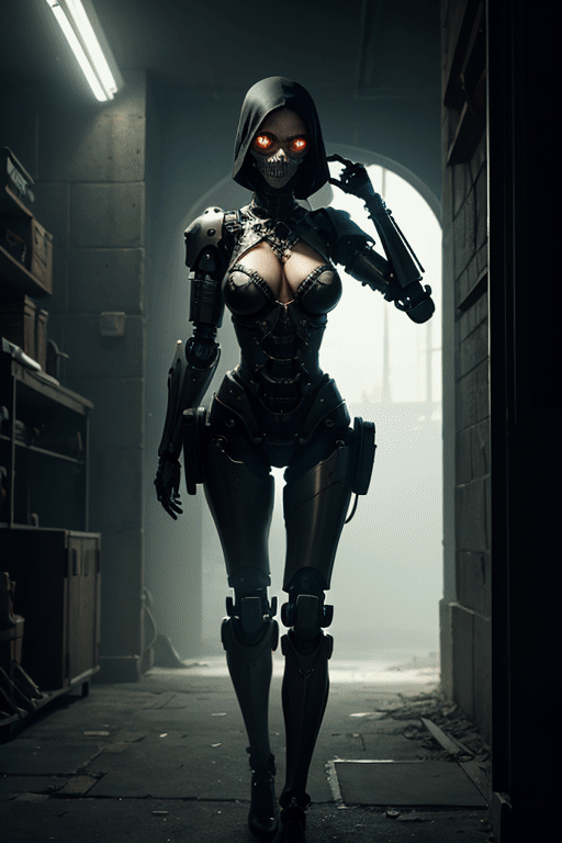 (Very detailed 8K wallpaper), A masterfully detailed portrait of a sinister necromancer, their face shrouded in darkness, a cyborg skeleton companion lurking ominously in the shadows. The artwork is rendered in a highly detailed and dramatic steampunk fantasy style, featuring a retro-futuristic female robot with intricate design elements.