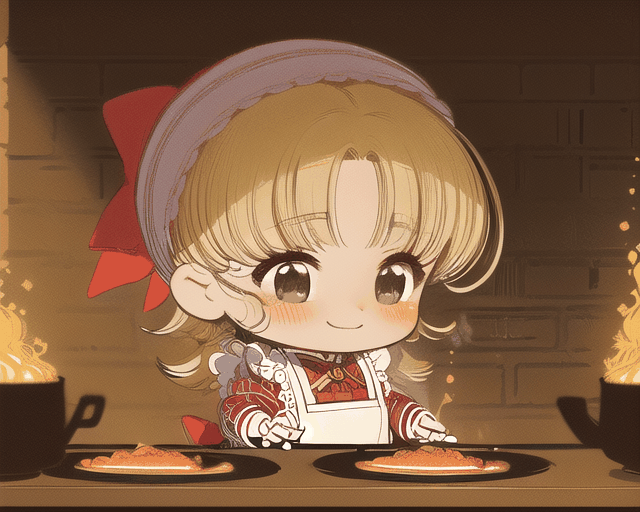 (Masterpiece, Best Quality), official style, fantasy art, best illustration, outline, (thick lineart:1.4), (chibi:1.3), blush, nadja, (ultra-detailed portrait), 8k, smile,  frilled dress, red bow, white apron, cooking, steam, brick stove, nature