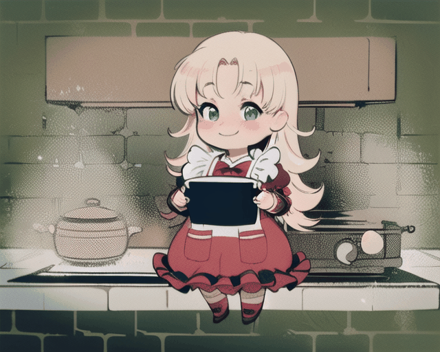 (Masterpiece, Best Quality), official style, fantasy art, best illustration, outline, (thick lineart:1.4), (chibi:1.3), blush, nadja, (ultra-detailed portrait), 8k, smile,  frilled dress, red bow, white apron, cooking, steam, brick stove, nature