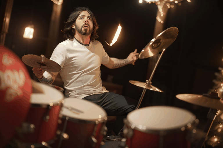 dave grohl drumming, christmas lights, cinematic, shallow depth of field,photorealistic,
