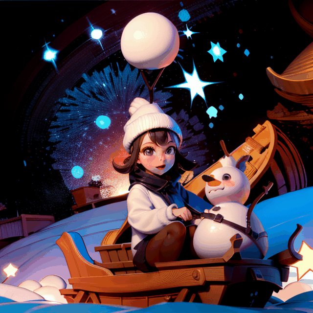 Cute snowman riding sleigh under starry sky