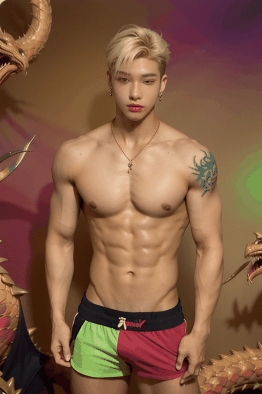 young  handsome male kpop idol with  blond hair, ((large colorful dragon tatoo on his body)), gay, sugar boy, earrings, necklace, cap, fluorescenct neon color boxer shorts written "twinkworld" logo,  makeup like kpop boy idol, putting on red lipstics, shirtles,arm pit pose, dance, moving dragons decoration background


