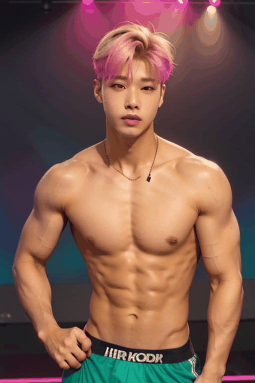young  handsome male kpop idol with pink and blond hair, wears a neon color boxer shorts written "Hiro" logo, shirtless,arm pit pose, dance,  rave, dance club background