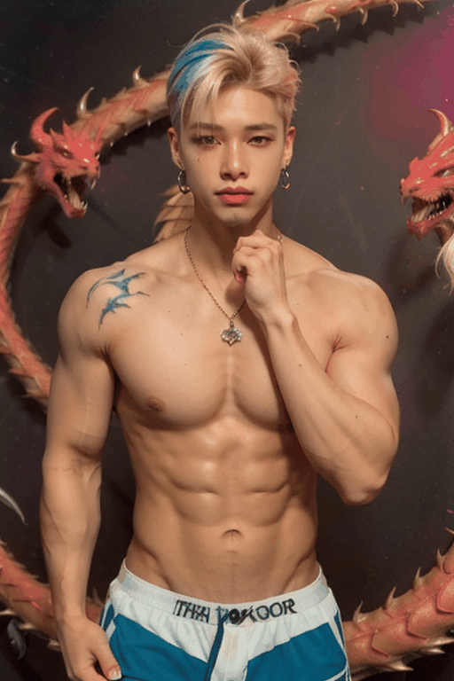 young  handsome male kpop idol with  blond hair, ((large colorful dragon tatoo on his body)), gay, sugar boy, earrings, necklace, cap, fluorescenct neon color boxer shorts written "twinkworld" logo,  makeup like kpop boy idol, putting on red lipstics, shirtles,arm pit pose, dance, dragons background

