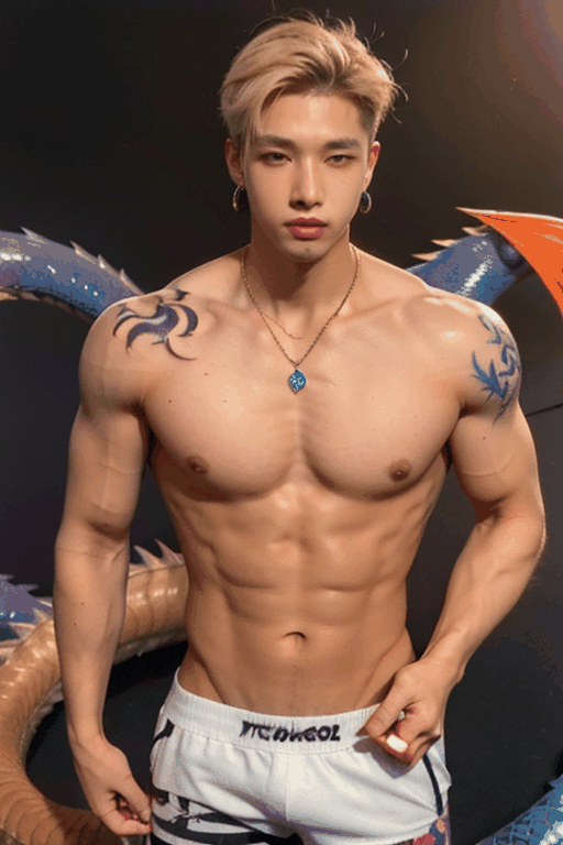 young  handsome male kpop idol with  blond hair, ((large colorful dragon tatoo on his body)), gay, sugar boy, earrings, necklace, cap, tanktop, fluorescenct neon color boxer shorts written "twinkworld" logo,  makeup like kpop boy idol, putting on red lipstics, shirtles,arm pit pose, dance, moving dragons decoration background

