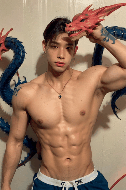 young  handsome male kpop idol with  blond hair, ((large colorful dragon tatoo on his body)), gay, sugar boy, earrings, necklace, cap, fluorescenct neon color boxer shorts written "twinkworld" logo,  makeup like kpop boy idol, putting on red lipstics, shirtles,arm pit pose, dance, large glittering dragon tatoo on body, dragons background

