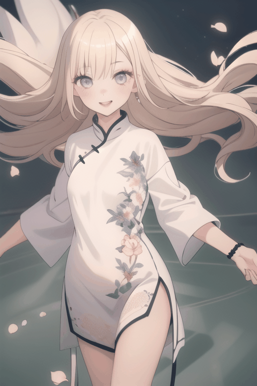 masterpiece, best quality, highres, 1girl, adult girl, white hair, dark eyes, purple eyes, white blue patterned cheongsam, white skin, smile, floating hair, flowing clothes, mist, night, many floating petal