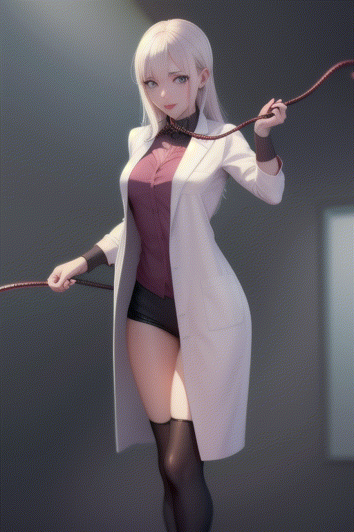 girl anime wearing long lab coat, dominatrix whip