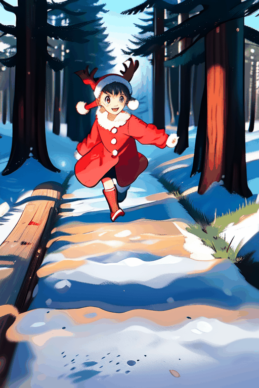 a curiosity wearing pigtails and a bright red christmas raincoat A cheerful girl explores the forest and runs in the snow.
, (smile: 0.8),kleedef,kamisato_ayaka,bagpipeqr,Santa Claus