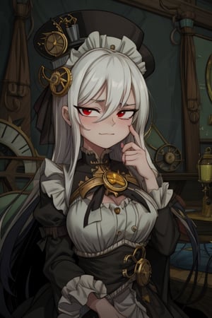 8k resolution, high resolution, masterpiece, intricate details, highly detailed, HD quality, solo, 1girl, loli, Steampunk dress, steampunk hat, top hat, black and gold clothing colors, gears in the background, dark background, white hair, long smooth hair, red eyes, pale skin, thin smile, thoughtful expression, thoughtful look, monocle on the right eye, looking at viewer, rich colors, vibrant colors, detailed eyes, super detailed, extremely beautiful graphics, super detailed skin, best quality, highest quality, high detail, masterpiece, detailed skin, perfect anatomy, perfect body, perfect hands, perfect fingers, complex details, reflective hair, textured hair, best quality, super detailed, complex details, high resolution,  

,A Traditional Japanese Art,Kakure Eria,ARTby Noise,Landidzu,HarryDraws,Shadbase ,Shadman,Glitching,Star vs. the Forces of Evil ,In the style of gravityfalls,Solo Levelling,I’ve Been Killing Slimes for 300 Years,kobayashi-san chi no maid dragon ,Oerlord,illya,tensura,the legend of korra,arcane style