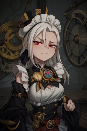 8k resolution, high resolution, masterpiece, intricate details, highly detailed, HD quality, solo, 1girl, loli, Steampunk dress, steampunk hat, top hat, black and gold clothing colors, gears in the background, dark background, white hair, long smooth hair, red eyes, pale skin, thin smile, thoughtful expression, thoughtful look, monocle on the right eye, looking at viewer, rich colors, vibrant colors, detailed eyes, super detailed, extremely beautiful graphics, super detailed skin, best quality, highest quality, high detail, masterpiece, detailed skin, perfect anatomy, perfect body, perfect hands, perfect fingers, complex details, reflective hair, textured hair, best quality, super detailed, complex details, high resolution,  

,A Traditional Japanese Art,Kakure Eria,ARTby Noise,Landidzu,HarryDraws,Shadbase ,Shadman,Glitching,Star vs. the Forces of Evil ,In the style of gravityfalls,Solo Levelling,I’ve Been Killing Slimes for 300 Years,kobayashi-san chi no maid dragon ,Oerlord,illya,tensura,the legend of korra,arcane style