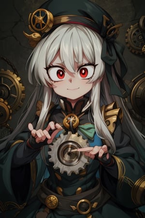 8k resolution, high resolution, masterpiece, intricate details, highly detailed, HD quality, solo, 1girl, loli, Steampunk dress, steampunk hat, top hat, black and gold clothing colors, gears in the background, dark background, white hair, long smooth hair, red eyes, pale skin, thin smile, thoughtful expression, thoughtful look, monocle on the right eye, looking at viewer, rich colors, vibrant colors, detailed eyes, super detailed, extremely beautiful graphics, super detailed skin, best quality, highest quality, high detail, masterpiece, detailed skin, perfect anatomy, perfect body, perfect hands, perfect fingers, complex details, reflective hair, textured hair, best quality, super detailed, complex details, high resolution,  

,A Traditional Japanese Art,Kakure Eria,ARTby Noise,Landidzu,HarryDraws,Shadbase ,Shadman,Glitching,Star vs. the Forces of Evil ,In the style of gravityfalls,Solo Levelling,I’ve Been Killing Slimes for 300 Years,kobayashi-san chi no maid dragon ,Oerlord,illya,tensura,the legend of korra,arcane style,wzrokudostyle