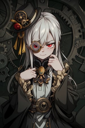 8k resolution, high resolution, masterpiece, intricate details, highly detailed, HD quality, solo, 1girl, loli, Steampunk dress, steampunk hat, top hat, black and gold clothing colors, gears in the background, dark background, white hair, long smooth hair, red eyes, pale skin, thin smile, thoughtful expression, thoughtful look, monocle on the right eye, looking at viewer, rich colors, vibrant colors, detailed eyes, super detailed, extremely beautiful graphics, super detailed skin, best quality, highest quality, high detail, masterpiece, detailed skin, perfect anatomy, perfect body, perfect hands, perfect fingers, complex details, reflective hair, textured hair, best quality, super detailed, complex details, high resolution,  

,A Traditional Japanese Art,Kakure Eria,ARTby Noise,Landidzu,HarryDraws,Shadbase ,Shadman,Glitching,Star vs. the Forces of Evil ,In the style of gravityfalls,Solo Levelling,I’ve Been Killing Slimes for 300 Years,kobayashi-san chi no maid dragon ,Oerlord,illya,tensura,the legend of korra