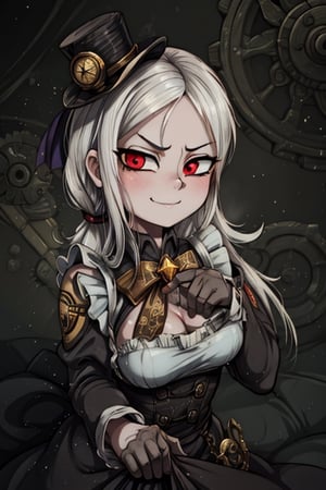 8k resolution, high resolution, masterpiece, intricate details, highly detailed, HD quality, solo, 1girl, loli, Steampunk dress, steampunk hat, top hat, black and gold clothing colors, gears in the background, dark background, white hair, long smooth hair, red eyes, pale skin, thin smile, thoughtful expression, thoughtful look, monocle on the right eye, looking at viewer, rich colors, vibrant colors, detailed eyes, super detailed, extremely beautiful graphics, super detailed skin, best quality, highest quality, high detail, masterpiece, detailed skin, perfect anatomy, perfect body, perfect hands, perfect fingers, complex details, reflective hair, textured hair, best quality, super detailed, complex details, high resolution,  

,A Traditional Japanese Art,Kakure Eria,ARTby Noise,Landidzu,HarryDraws,Shadbase ,Shadman,Glitching,Star vs. the Forces of Evil ,In the style of gravityfalls,Solo Levelling,I’ve Been Killing Slimes for 300 Years,kobayashi-san chi no maid dragon ,Oerlord,illya,tensura,the legend of korra,arcane style,wzrokudostyle,USA