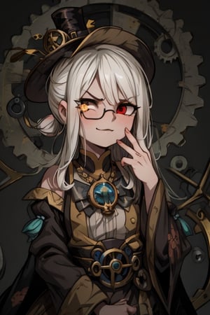 8k resolution, high resolution, masterpiece, intricate details, highly detailed, HD quality, solo, 1girl, loli, Steampunk dress, steampunk hat, top hat, black and gold clothing colors, gears in the background, dark background, white hair, long smooth hair, red eyes, pale skin, thin smile, thoughtful expression, thoughtful look, monocle on the right eye, looking at viewer, rich colors, vibrant colors, detailed eyes, super detailed, extremely beautiful graphics, super detailed skin, best quality, highest quality, high detail, masterpiece, detailed skin, perfect anatomy, perfect body, perfect hands, perfect fingers, complex details, reflective hair, textured hair, best quality, super detailed, complex details, high resolution,  

,A Traditional Japanese Art,Kakure Eria,ARTby Noise,Landidzu,HarryDraws,Shadbase ,Shadman,Glitching,Star vs. the Forces of Evil ,In the style of gravityfalls,Solo Levelling,I’ve Been Killing Slimes for 300 Years,kobayashi-san chi no maid dragon ,Oerlord,illya,tensura,the legend of korra,arcane style