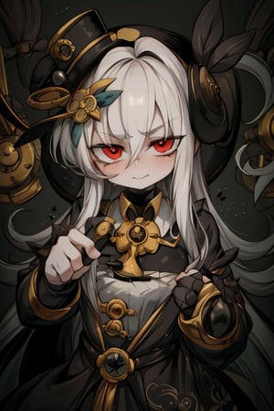 8k resolution, high resolution, masterpiece, intricate details, highly detailed, HD quality, solo, 1girl, loli, Steampunk dress, steampunk hat, top hat, black and gold clothing colors, gears in the background, dark background, white hair, long smooth hair, red eyes, pale skin, thin smile, thoughtful expression, thoughtful look, monocle on the right eye, looking at viewer, rich colors, vibrant colors, detailed eyes, super detailed, extremely beautiful graphics, super detailed skin, best quality, highest quality, high detail, masterpiece, detailed skin, perfect anatomy, perfect body, perfect hands, perfect fingers, complex details, reflective hair, textured hair, best quality, super detailed, complex details, high resolution,  

,A Traditional Japanese Art,Kakure Eria,ARTby Noise,Landidzu,HarryDraws,Shadbase ,Shadman,Glitching,Star vs. the Forces of Evil ,In the style of gravityfalls,Solo Levelling,I’ve Been Killing Slimes for 300 Years,kobayashi-san chi no maid dragon ,Oerlord,illya,tensura,the legend of korra,arcane style,wzrokudostyle,USA