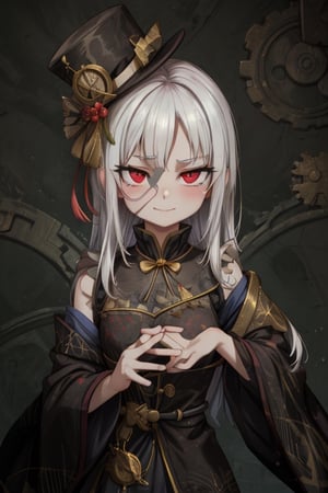 8k resolution, high resolution, masterpiece, intricate details, highly detailed, HD quality, solo, 1girl, loli, Steampunk dress, steampunk hat, top hat, black and gold clothing colors, gears in the background, dark background, white hair, long smooth hair, red eyes, pale skin, thin smile, thoughtful expression, thoughtful look, monocle on the right eye, looking at viewer, rich colors, vibrant colors, detailed eyes, super detailed, extremely beautiful graphics, super detailed skin, best quality, highest quality, high detail, masterpiece, detailed skin, perfect anatomy, perfect body, perfect hands, perfect fingers, complex details, reflective hair, textured hair, best quality, super detailed, complex details, high resolution,  

,A Traditional Japanese Art,Kakure Eria,ARTby Noise,Landidzu,HarryDraws,Shadbase ,Shadman,Glitching,Star vs. the Forces of Evil ,In the style of gravityfalls,Solo Levelling,I’ve Been Killing Slimes for 300 Years,kobayashi-san chi no maid dragon ,Oerlord,illya,tensura,the legend of korra,arcane style