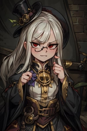 8k resolution, high resolution, masterpiece, intricate details, highly detailed, HD quality, solo, 1girl, loli, Steampunk dress, steampunk hat, top hat, black and gold clothing colors, gears in the background, dark background, white hair, long smooth hair, red eyes, pale skin, thin smile, thoughtful expression, thoughtful look, monocle on the right eye, looking at viewer, rich colors, vibrant colors, detailed eyes, super detailed, extremely beautiful graphics, super detailed skin, best quality, highest quality, high detail, masterpiece, detailed skin, perfect anatomy, perfect body, perfect hands, perfect fingers, complex details, reflective hair, textured hair, best quality, super detailed, complex details, high resolution,  

,A Traditional Japanese Art,Kakure Eria,ARTby Noise,Landidzu,HarryDraws,Shadbase ,Shadman,Glitching,Star vs. the Forces of Evil ,In the style of gravityfalls,Solo Levelling,I’ve Been Killing Slimes for 300 Years,kobayashi-san chi no maid dragon ,Oerlord,illya,tensura,the legend of korra,arcane style