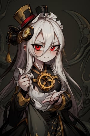 8k resolution, high resolution, masterpiece, intricate details, highly detailed, HD quality, solo, 1girl, loli, Steampunk dress, steampunk hat, top hat, black and gold clothing colors, gears in the background, dark background, white hair, long smooth hair, red eyes, pale skin, thin smile, thoughtful expression, thoughtful look, monocle on the right eye, looking at viewer, rich colors, vibrant colors, detailed eyes, super detailed, extremely beautiful graphics, super detailed skin, best quality, highest quality, high detail, masterpiece, detailed skin, perfect anatomy, perfect body, perfect hands, perfect fingers, complex details, reflective hair, textured hair, best quality, super detailed, complex details, high resolution,  

,A Traditional Japanese Art,Kakure Eria,ARTby Noise,Landidzu,HarryDraws,Shadbase ,Shadman,Glitching,Star vs. the Forces of Evil ,In the style of gravityfalls,Solo Levelling,I’ve Been Killing Slimes for 300 Years,kobayashi-san chi no maid dragon ,Oerlord,illya,tensura,the legend of korra,arcane style,wzrokudostyle,USA