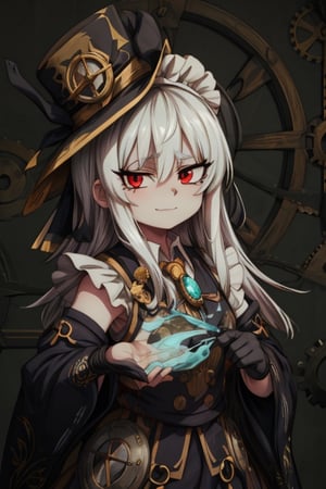 8k resolution, high resolution, masterpiece, intricate details, highly detailed, HD quality, solo, 1girl, loli, Steampunk dress, steampunk hat, top hat, black and gold clothing colors, gears in the background, dark background, white hair, long smooth hair, red eyes, pale skin, thin smile, thoughtful expression, thoughtful look, monocle on the right eye, looking at viewer, rich colors, vibrant colors, detailed eyes, super detailed, extremely beautiful graphics, super detailed skin, best quality, highest quality, high detail, masterpiece, detailed skin, perfect anatomy, perfect body, perfect hands, perfect fingers, complex details, reflective hair, textured hair, best quality, super detailed, complex details, high resolution,  

,A Traditional Japanese Art,Kakure Eria,ARTby Noise,Landidzu,HarryDraws,Shadbase ,Shadman,Glitching,Star vs. the Forces of Evil ,In the style of gravityfalls,Solo Levelling,I’ve Been Killing Slimes for 300 Years,kobayashi-san chi no maid dragon ,Oerlord,illya,tensura,the legend of korra,arcane style,wzrokudostyle