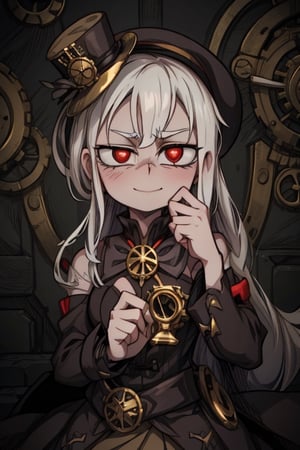 8k resolution, high resolution, masterpiece, intricate details, highly detailed, HD quality, solo, 1girl, loli, Steampunk dress, steampunk hat, top hat, black and gold clothing colors, gears in the background, dark background, white hair, long smooth hair, red eyes, pale skin, thin smile, thoughtful expression, thoughtful look, monocle on the right eye, looking at viewer, rich colors, vibrant colors, detailed eyes, super detailed, extremely beautiful graphics, super detailed skin, best quality, highest quality, high detail, masterpiece, detailed skin, perfect anatomy, perfect body, perfect hands, perfect fingers, complex details, reflective hair, textured hair, best quality, super detailed, complex details, high resolution,  

,A Traditional Japanese Art,Kakure Eria,ARTby Noise,Landidzu,HarryDraws,Shadbase ,Shadman,Glitching,Star vs. the Forces of Evil ,In the style of gravityfalls,Solo Levelling,I’ve Been Killing Slimes for 300 Years,kobayashi-san chi no maid dragon ,Oerlord,illya,tensura,the legend of korra,arcane style