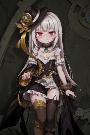 8k resolution, high resolution, masterpiece, intricate details, highly detailed, HD quality, solo, 1girl, loli, Steampunk dress, steampunk hat, top hat, black and gold clothing colors, gears in the background, dark background, white hair, long smooth hair, red eyes, pale skin, thin smile, thoughtful expression, thoughtful look, monocle on the right eye, looking at viewer, rich colors, vibrant colors, detailed eyes, super detailed, extremely beautiful graphics, super detailed skin, best quality, highest quality, high detail, masterpiece, detailed skin, perfect anatomy, perfect body, perfect hands, perfect fingers, complex details, reflective hair, textured hair, best quality, super detailed, complex details, high resolution,  

,A Traditional Japanese Art,Kakure Eria,ARTby Noise,Landidzu,HarryDraws,Shadbase ,Shadman,Glitching,Star vs. the Forces of Evil ,In the style of gravityfalls,Solo Levelling,I’ve Been Killing Slimes for 300 Years,kobayashi-san chi no maid dragon ,Oerlord,illya,tensura,the legend of korra,arcane style