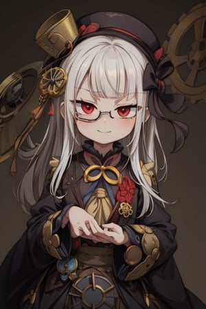 8k resolution, high resolution, masterpiece, intricate details, highly detailed, HD quality, solo, 1girl, loli, Steampunk dress, steampunk hat, top hat, black and gold clothing colors, gears in the background, dark background, white hair, long smooth hair, red eyes, pale skin, thin smile, thoughtful expression, thoughtful look, monocle on the right eye, looking at viewer, rich colors, vibrant colors, detailed eyes, super detailed, extremely beautiful graphics, super detailed skin, best quality, highest quality, high detail, masterpiece, detailed skin, perfect anatomy, perfect body, perfect hands, perfect fingers, complex details, reflective hair, textured hair, best quality, super detailed, complex details, high resolution,  

,A Traditional Japanese Art,Kakure Eria,ARTby Noise,Landidzu,HarryDraws,Shadbase ,Shadman,Glitching,Star vs. the Forces of Evil ,In the style of gravityfalls,Solo Levelling,I’ve Been Killing Slimes for 300 Years,kobayashi-san chi no maid dragon ,Oerlord,illya,tensura,the legend of korra,arcane style