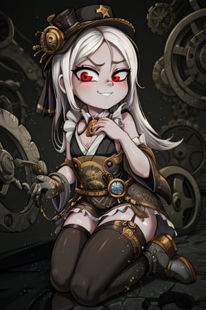 8k resolution, high resolution, masterpiece, intricate details, highly detailed, HD quality, solo, 1girl, loli, Steampunk dress, steampunk hat, top hat, black and gold clothing colors, gears in the background, dark background, white hair, long smooth hair, red eyes, pale skin, thin smile, thoughtful expression, thoughtful look, monocle on the right eye, looking at viewer, rich colors, vibrant colors, detailed eyes, super detailed, extremely beautiful graphics, super detailed skin, best quality, highest quality, high detail, masterpiece, detailed skin, perfect anatomy, perfect body, perfect hands, perfect fingers, complex details, reflective hair, textured hair, best quality, super detailed, complex details, high resolution,  

,A Traditional Japanese Art,Kakure Eria,ARTby Noise,Landidzu,HarryDraws,Shadbase ,Shadman,Glitching,Star vs. the Forces of Evil ,In the style of gravityfalls,Solo Levelling,I’ve Been Killing Slimes for 300 Years,kobayashi-san chi no maid dragon ,Oerlord,illya,tensura,the legend of korra,arcane style,wzrokudostyle,USA