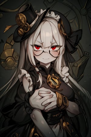 8k resolution, high resolution, masterpiece, intricate details, highly detailed, HD quality, solo, 1girl, loli, Steampunk dress, steampunk hat, top hat, black and gold clothing colors, gears in the background, dark background, white hair, long smooth hair, red eyes, pale skin, thin smile, thoughtful expression, thoughtful look, monocle on the right eye, looking at viewer, rich colors, vibrant colors, detailed eyes, super detailed, extremely beautiful graphics, super detailed skin, best quality, highest quality, high detail, masterpiece, detailed skin, perfect anatomy, perfect body, perfect hands, perfect fingers, complex details, reflective hair, textured hair, best quality, super detailed, complex details, high resolution,  

,A Traditional Japanese Art,Kakure Eria,ARTby Noise,Landidzu,HarryDraws,Shadbase ,Shadman,Glitching,Star vs. the Forces of Evil ,In the style of gravityfalls,Solo Levelling,I’ve Been Killing Slimes for 300 Years,kobayashi-san chi no maid dragon ,Oerlord,illya,tensura,the legend of korra,arcane style,wzrokudostyle,USA