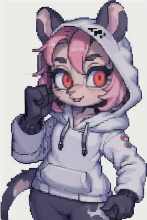 masterpiece, best quality, 1girl, solo, character (femboy), pink hair, red eyes, round opossum ears, opossum girl, anthropomorphous opossum, gray hoodie with opossum print, ,chibi,PixelArt