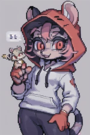 masterpiece, best quality, 1girl, solo, character (femboy), pink hair, red eyes, round opossum ears, opossum girl, anthropomorphous opossum, gray hoodie with opossum print, ,chibi,PixelArt