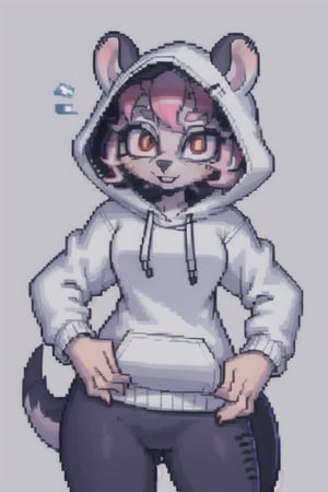 masterpiece, best quality, solo, male character (femboy), pink hair, red eyes, round opossum ears, opossum girl, anthropomorphous opossum, gray hoodie with opossum print, ,chibi,PixelArt