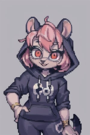 masterpiece, best quality, solo, character (femboy), pink hair, red eyes, round opossum ears, opossum girl, anthropomorphous opossum, gray hoodie with opossum print, ,chibi,PixelArt