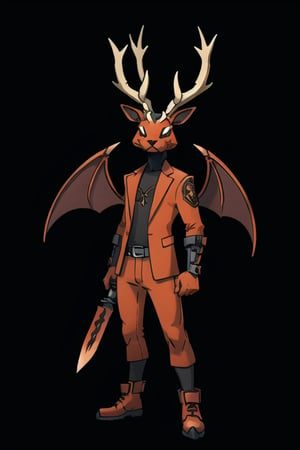 male demonic jackalope, assassin black gear, bunny ears, rabbit face, red-orange large bat_wings, 12 years old, demon tail, revolver, dagger, white furry, orange trim, full body image, elk horns, prehensile claws, dark city background