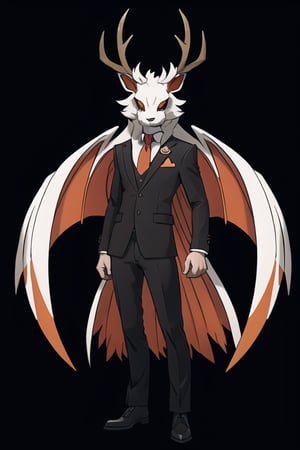 male demonic jackalope, assassin gear, bunny ears, rabbit face, red-orange large bat_wings, 12 years old, demon tail, revolver, dagger, white furry, orange trim, black suit, full body image, elk horns, prehensile claws,