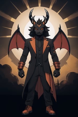 male demon jackalope, assassin gear, bunny ears, rabbit face, red-orange large bat_wings, 12 years old, demon tail, white furry, orange trim, black suit, full body image, elk horns, prehensile claws, black gloves