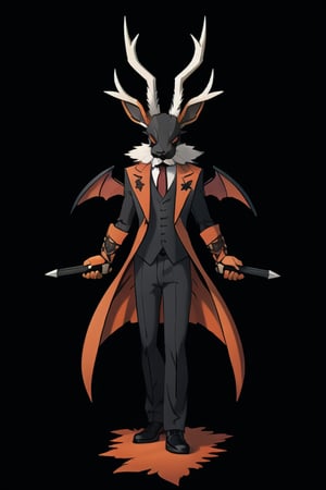 male demonic jackalope, assassin gear, bunny ears, rabbit face, red-orange large bat_wings, 12 years old, demon tail, revolver, dagger, white furry, orange trim, black suit, full body image, elk horns, prehensile claws, dark city background