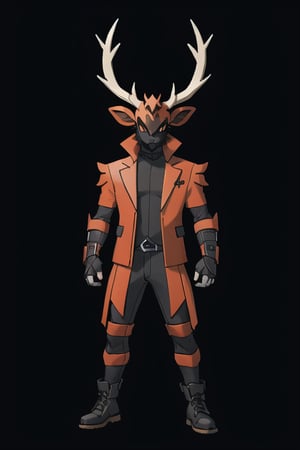 male demonic jackalope, assassin black gear, bunny ears, rabbit face, red-orange large bat_wings, 12 years old, demon tail, revolver, dagger, white furry, orange trim, full body image, elk horns, prehensile claws, dark city background