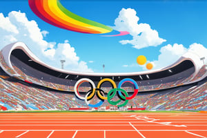 A whimsical, childlike depiction of an Olympic stadium, painted in bright, cheerful colors. The stadium is stylized with rounded edges and exaggerated proportions, resembling a giant play structure. The five interlocking rings are prominently featured in vibrant primary colors, floating above the stadium. The track is a swirling rainbow pattern, and the grandstands are filled with abstract, colorful shapes that suggest seating. The sky is a gradient of soft pastels, with fluffy clouds and a glowing sun. The overall composition is playful and inviting, capturing the joyful spirit of the Olympics in a non-realistic, imaginative style.