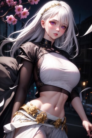 realistic, 1girl, white hair, purple eyes, glowing eyes, crop top, skirt, parted lips, blush, night, flowers, sun, sunlight,
