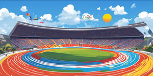 A simple, childlike animation scene of an Olympic stadium, viewed from a high, bird's-eye perspective. The stadium is depicted with bright, cheerful colors and playful, chaotic lines, resembling a child's drawing. The five interlocking rings are prominently displayed in bold primary colors, floating above the stadium. The track is a swirling, multicolored path with whimsical patterns and lines crisscrossing in a lively manner. The grandstands are composed of abstract, colorful shapes and lines, creating a sense of movement and energy. The sky is a gradient of soft pastels, with fluffy clouds and a glowing sun, adding to the lively atmosphere. The overall composition is dynamic and full of life, capturing the joyful and energetic spirit of the Olympics in a colorful, animated style, with the stadium taking up a large portion of the frame.