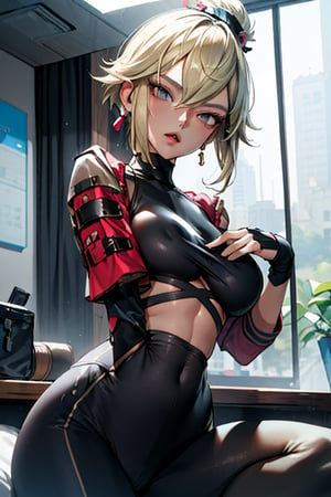 (masterpiece, best quality), 1lady, milf
(short Track jacket), high-waist leggings, cropped top, (underboob:1.15), beanie, High Sneakers
blonde bob cut, big breasts
in studio, white backgroud, hands in pocket, (from front:1.2), looking at viewer, sit