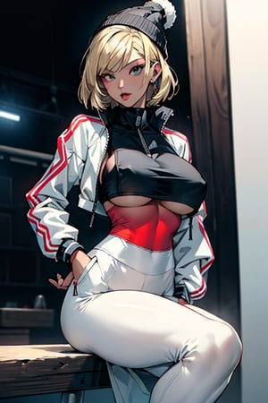 (masterpiece, best quality), 1lady, milf
(short Track jacket), high-waist leggings, cropped top, (underboob:1.15), beanie, High Sneakers
blonde bob cut, big breasts
in studio, white backgroud, hands in pocket, (from front:1.2), looking at viewer, sit