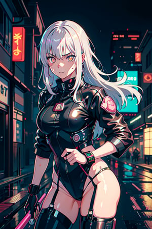 best quality, painting, cyberpunk anime, (intense_angle:0.6), standing, wet ((female_battle_android)), 20 years old, medium_hair, small_breast, (anger vein), ((diamond_shaped_pupils)), (looking to viewer), detailed eyes, mechanical_parts, (flush:1.3), (shimmer iridescent silver hair), motion_lines, face in focus, dim colors, HD, intridicated, ultra detailed cyberpunk rainy background, highly detailed, (by Kawase Hasui:1.3),CGSociety,ArtStation, m4a1 gun in hand,