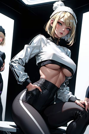 (masterpiece, best quality), 1lady, milf
(short Track jacket), high-waist leggings, cropped top, (underboob:1.15), beanie, High Sneakers
blonde bob cut, big breasts
in studio, white backgroud, hands in pocket, (from front:1.2), looking at viewer, sit